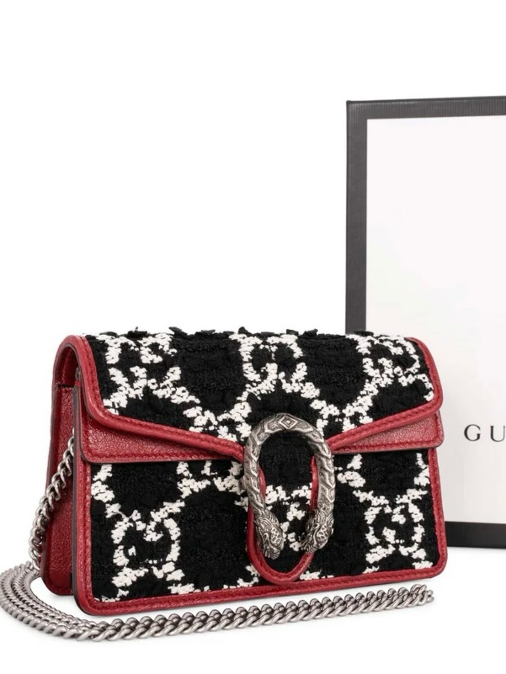 New-like Rare Gucci Tweed Monogram Dionysus Super Mini Flap Bag Black